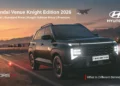 Hyundai Venue Knight Edition 2026 black edition SUV India exterior design with black alloy wheels and red brake calipers