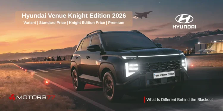 Hyundai Venue Knight Edition 2026 black edition SUV India exterior design with black alloy wheels and red brake calipers