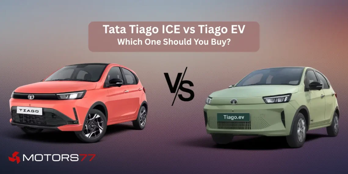 Tata Tiago ICE vs Tiago EV comparison, petrol and electric hatchback side by side