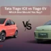 Tata Tiago ICE vs Tiago EV comparison, petrol and electric hatchback side by side